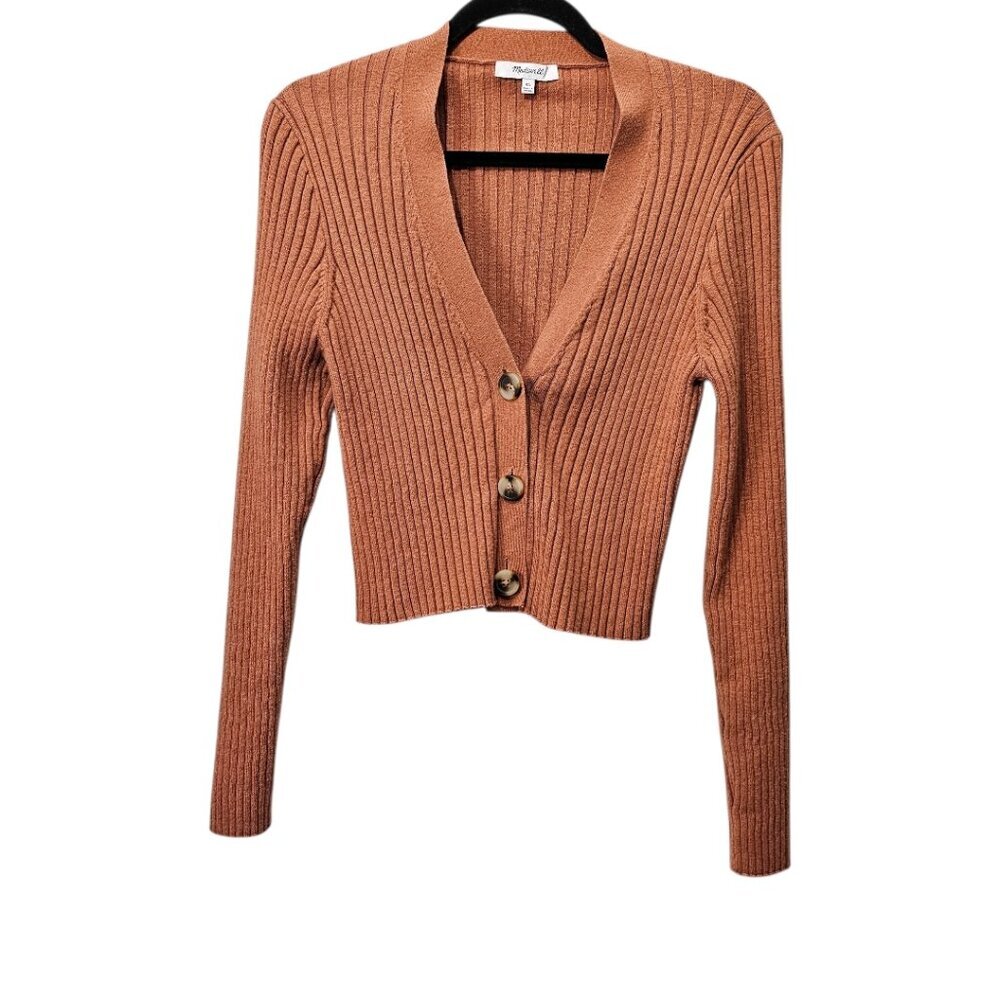 Madewell Brenville Crop Cardigan Wool-blend Ribbed Sweater Terracotta Size XL